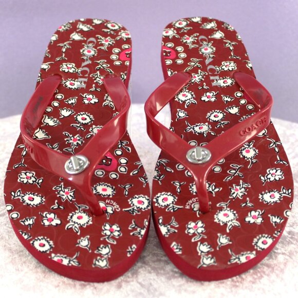 Coach Red Floral Print Flip-Flops Sandals Size 5–6 Logo Detail - Picture 1 of 7